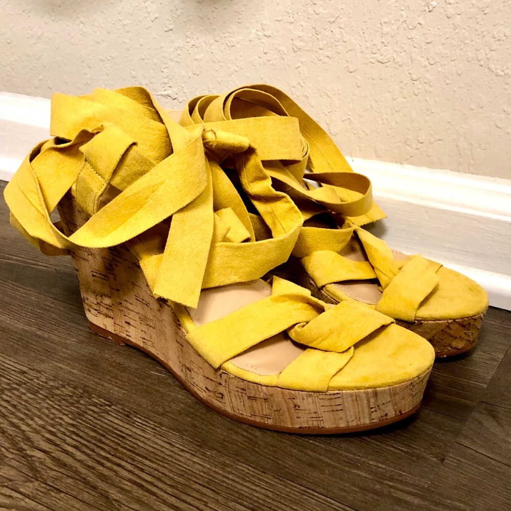 Yellow wedges with ballerina wraps